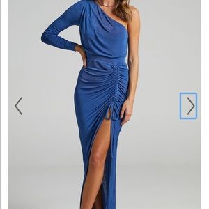 SHOWPO ONE SHOULDER RUCHED MIDI DRESS IN COBALT